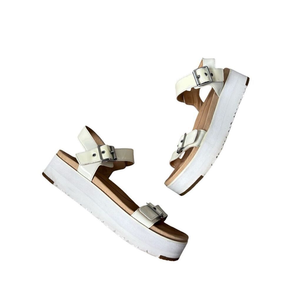 Ugg Womens Angie‎ White Wedge Platform Patent Leather Sandals Shoes 9.5 Buckle
